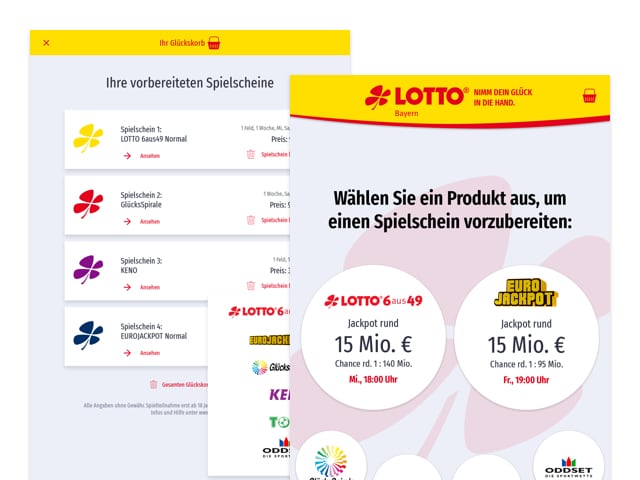 Ihre vorbereiteten Spielscheine und Produktauswahl Screens der umgesetzten STÄPP Service Terminal App für LOTTO Bayern
