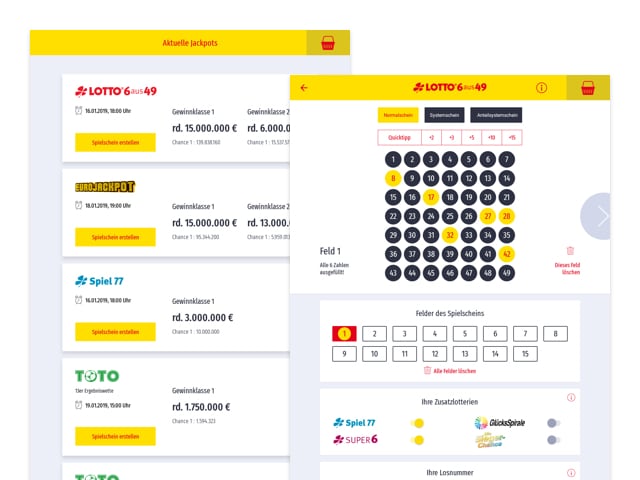 Aktuelle Jackpots und Lottoschein Screens der umgesetzten STÄPP Service Terminal App für LOTTO Bayern
