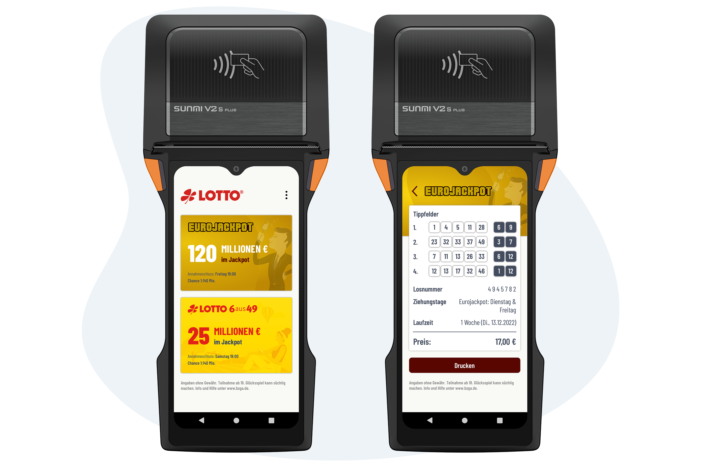 Terminal App Handheld mit Screen des Eurojackpot und Lotto 6aus49